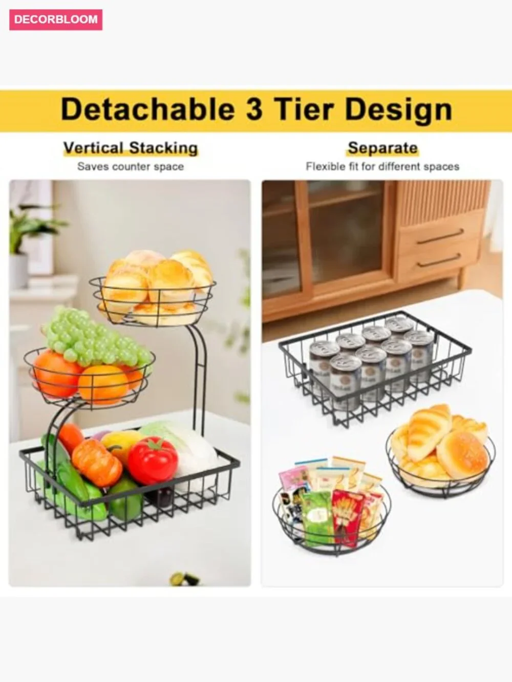 3 Tier Countertop Fruit Basket Storage - Metal Kitchen Organizer for Fruits,